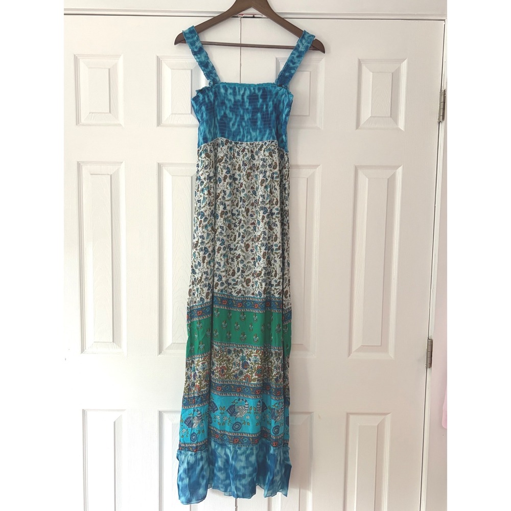 Chaudry KC Womens Blue Floral Peacock Smocked Maxi Dress Size L NWT